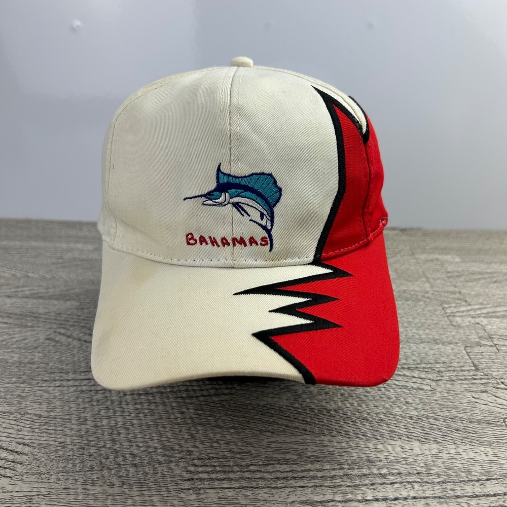 Vintage 90s Bahamas Hat Cap Strap Back Adjustable White Red Swordfish Adult